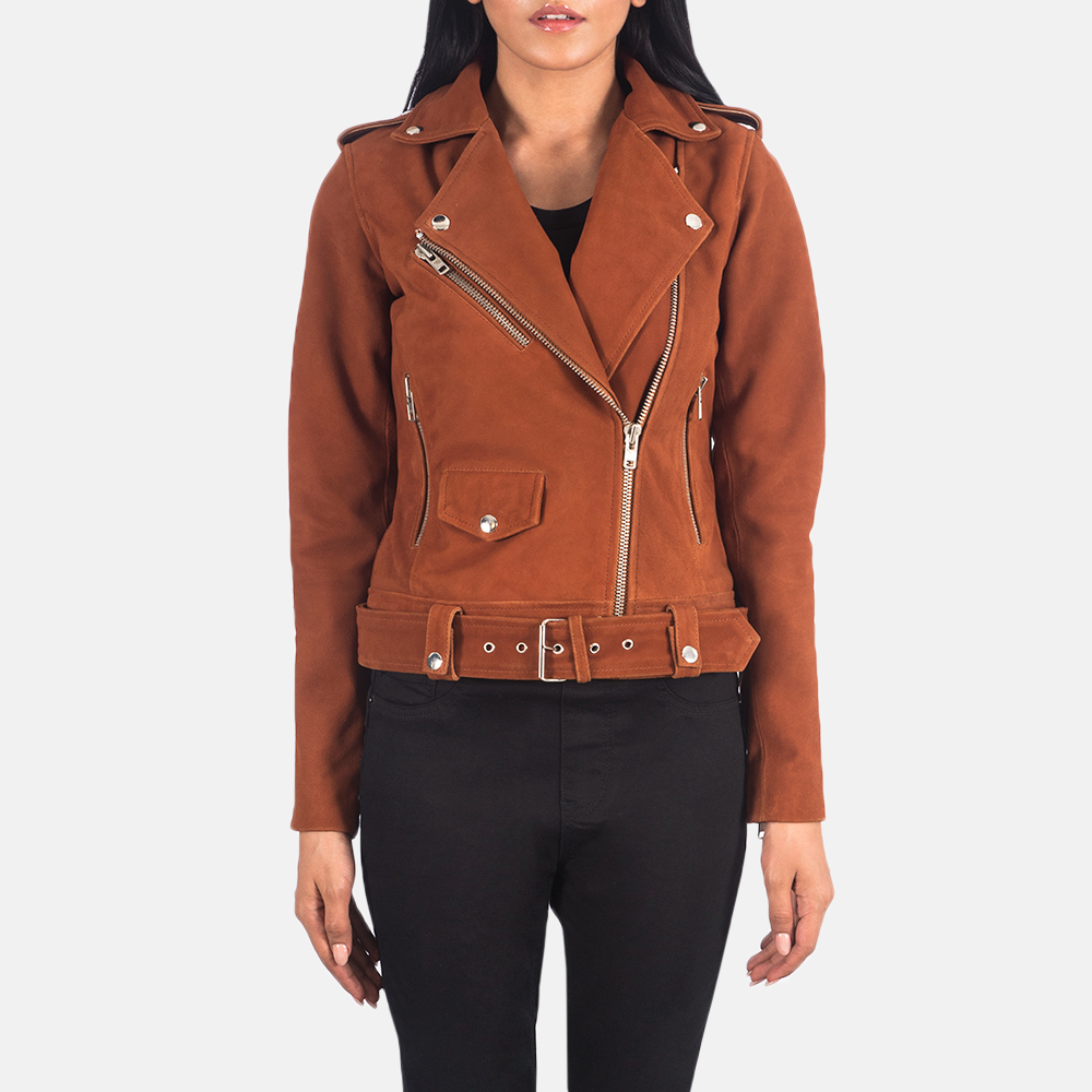 Womens Alison Brown Suede Biker Jacket Close Front-4-1623147772517