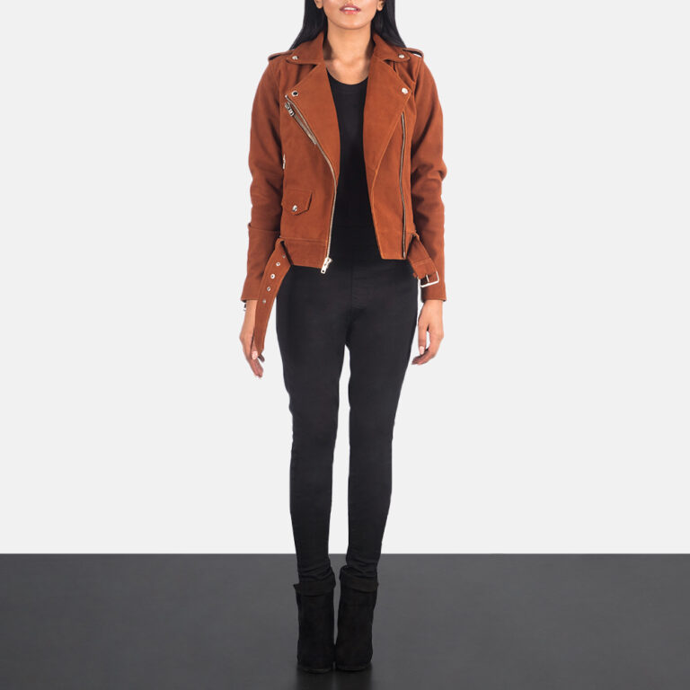 Womens Alison Brown Suede Biker Jacket Full Length-2-1623147744218