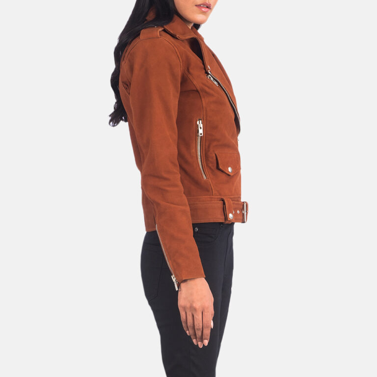 Womens Alison Brown Suede Biker Jacket Side Pose-Right-5-1624284659567