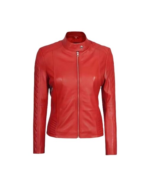 Aubrey Quilted Sleeves Red Cafe Racer Leather Jacket