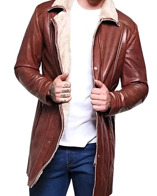 Men’s Mid-Length Brown Shearling Leather Coat
