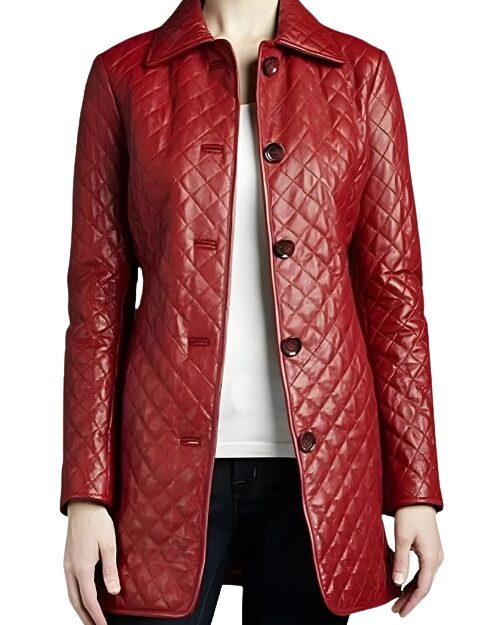 Red Quilted Leather Coat For Women