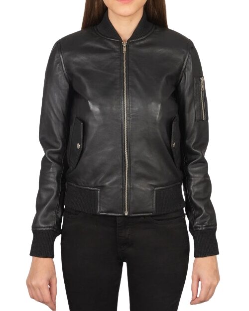 Women’s MA-1 Black Leather Bomber Jacket