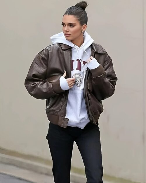 Kendall Jenner Street Style Brown Bomber Leather Jacket