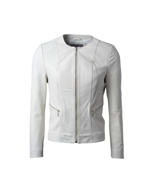 Women’s White Collarless Leather Fashion Jacket