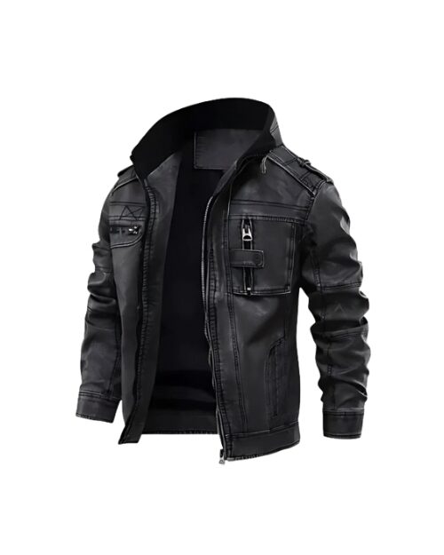 Cafe Racer Men’s Distressed Black Stand Up Collar Leather Jacket