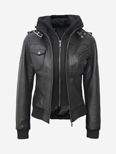 Olivia Black Real Leather Jacket With Hood