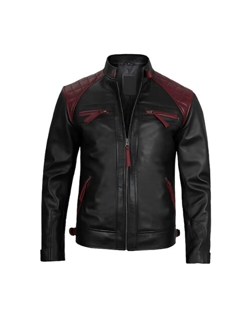 Mason Quilted Cafe Racer Black and Maroon Leather Jacket