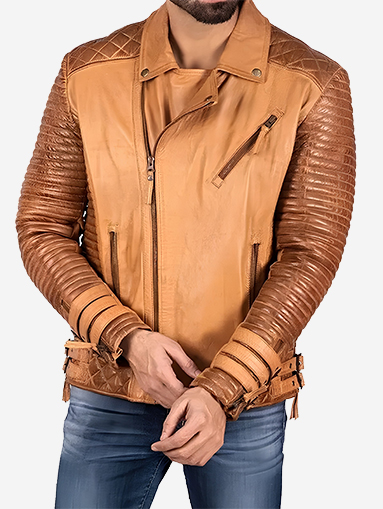 Adrian Quilted Tan Brown Biker Leather Jacket Mens