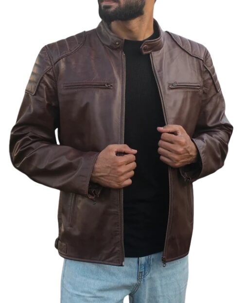 Fenric Men’s Dark Brown Leather Vintage Motorcycle Jacket