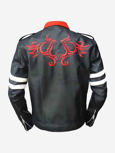 Classic Red Collar Dragon Embroidery Black Leather Jacket