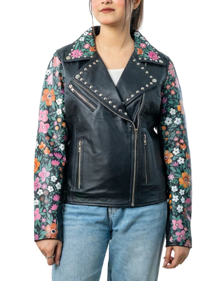 BlossomHand-PaintedBlackLeatherBikerJacketfront