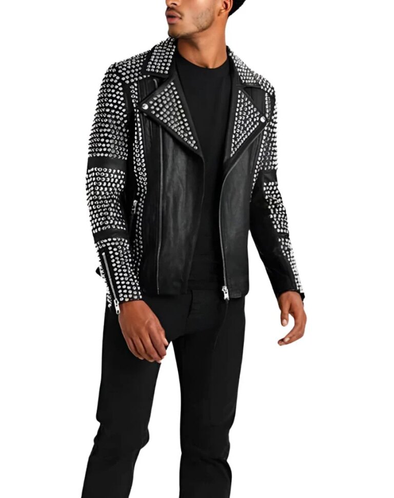 Men_sKnightBlackStuddedBikerLeatherJacketfrontside