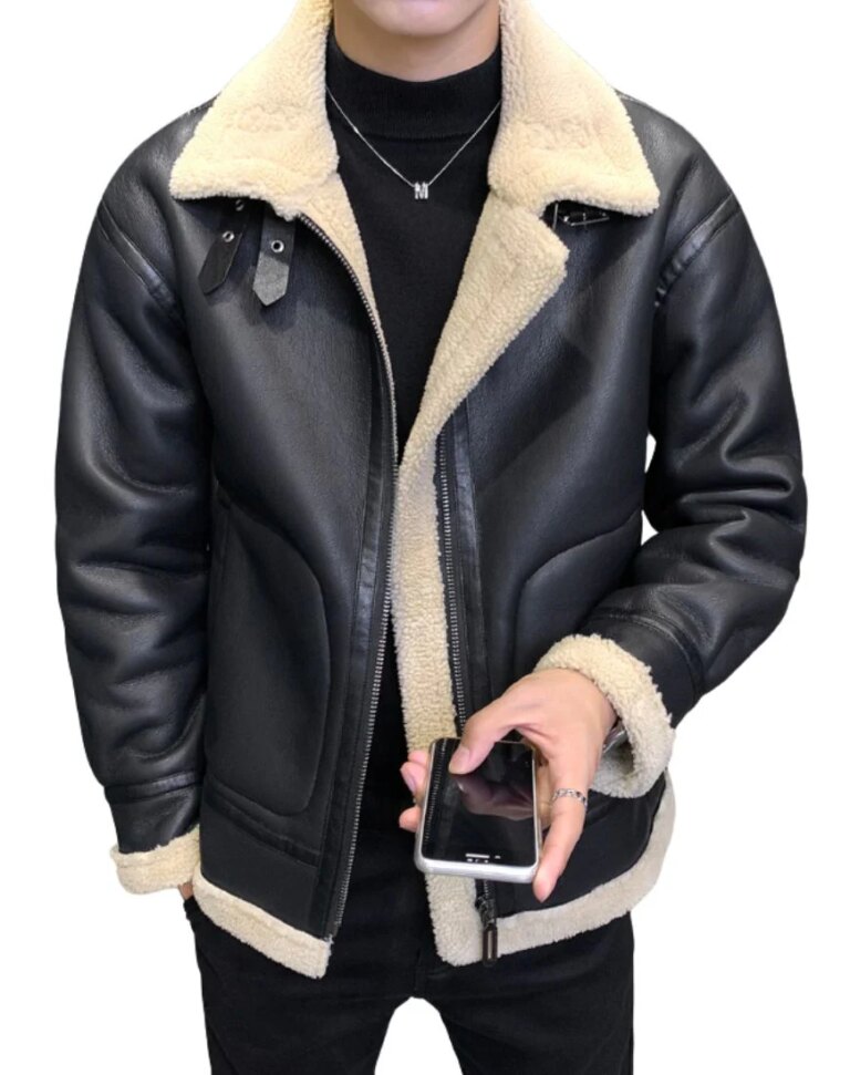 MensBorealBlackShearlingLeatherJacketFront2