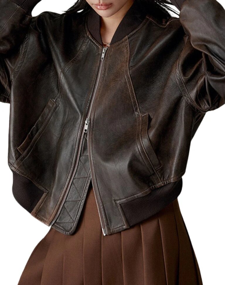 Women_sCharmeVintageBrownBomberLeatherJacketfront1