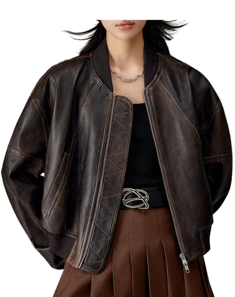 Women_sCharmeVintageBrownBomberLeatherJacketfront3
