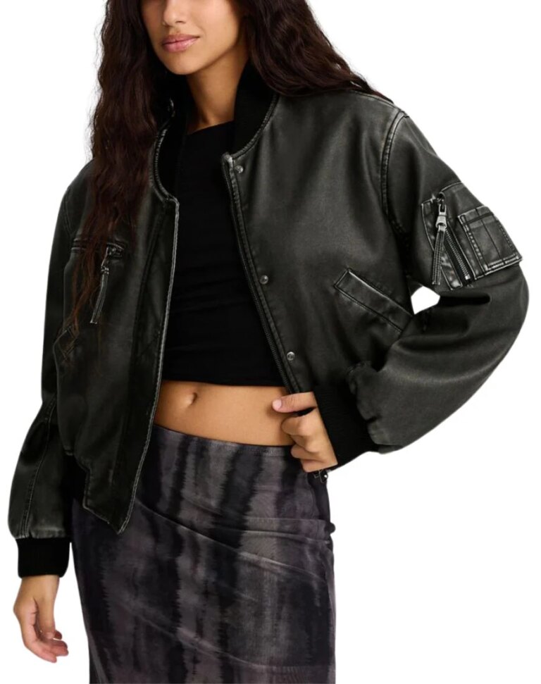 Women_sFelineVintageBlackBomberLeatherJacketfront2